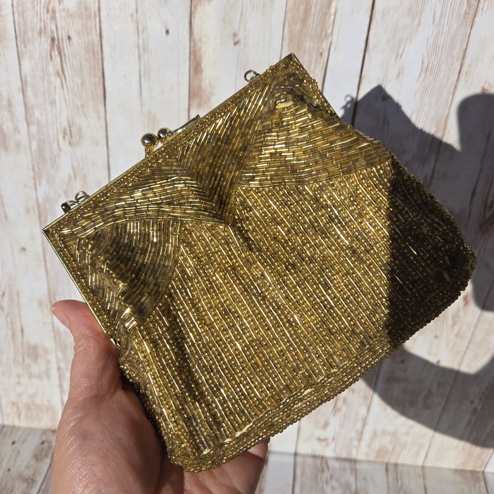 Vintage Gold Amber Beaded Evening Bag Clutch w/ Chain Strap Prom Wedding - Picture 6 of 12